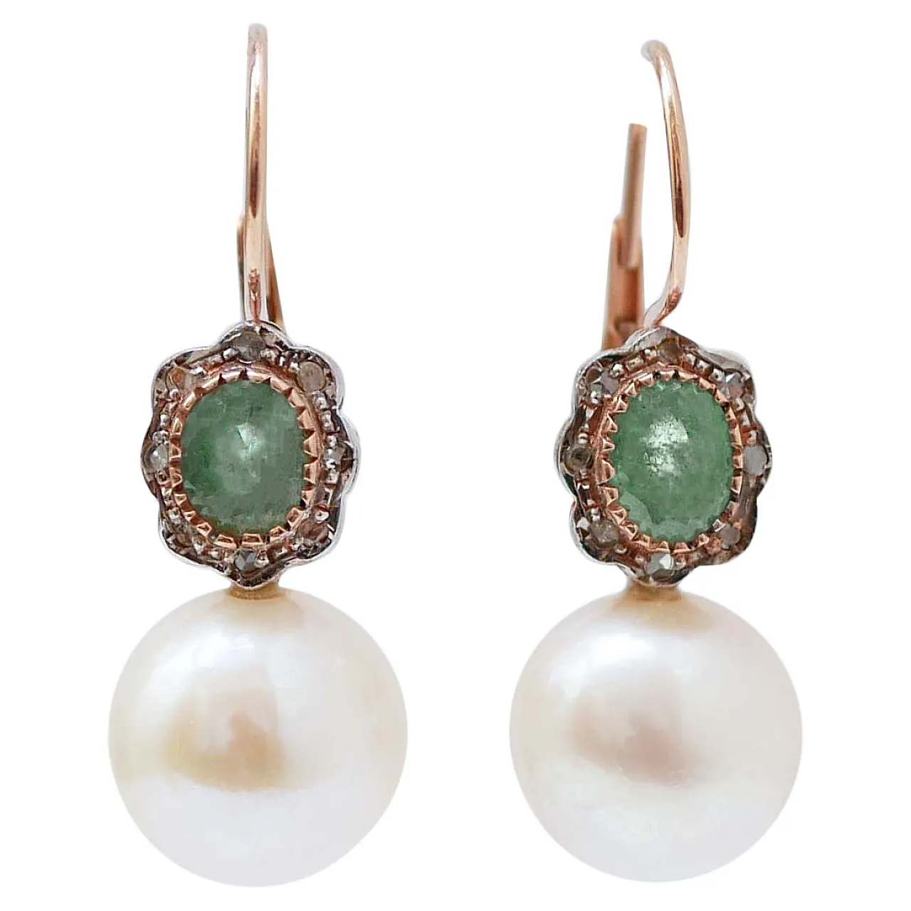 Orecchini con perle, smeraldi, diamanti, oro rosa e argento, anni '60 1
