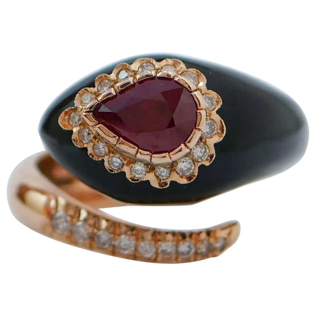 Rose gold snake ring with onyx, ruby, diamonds, 2000s 1