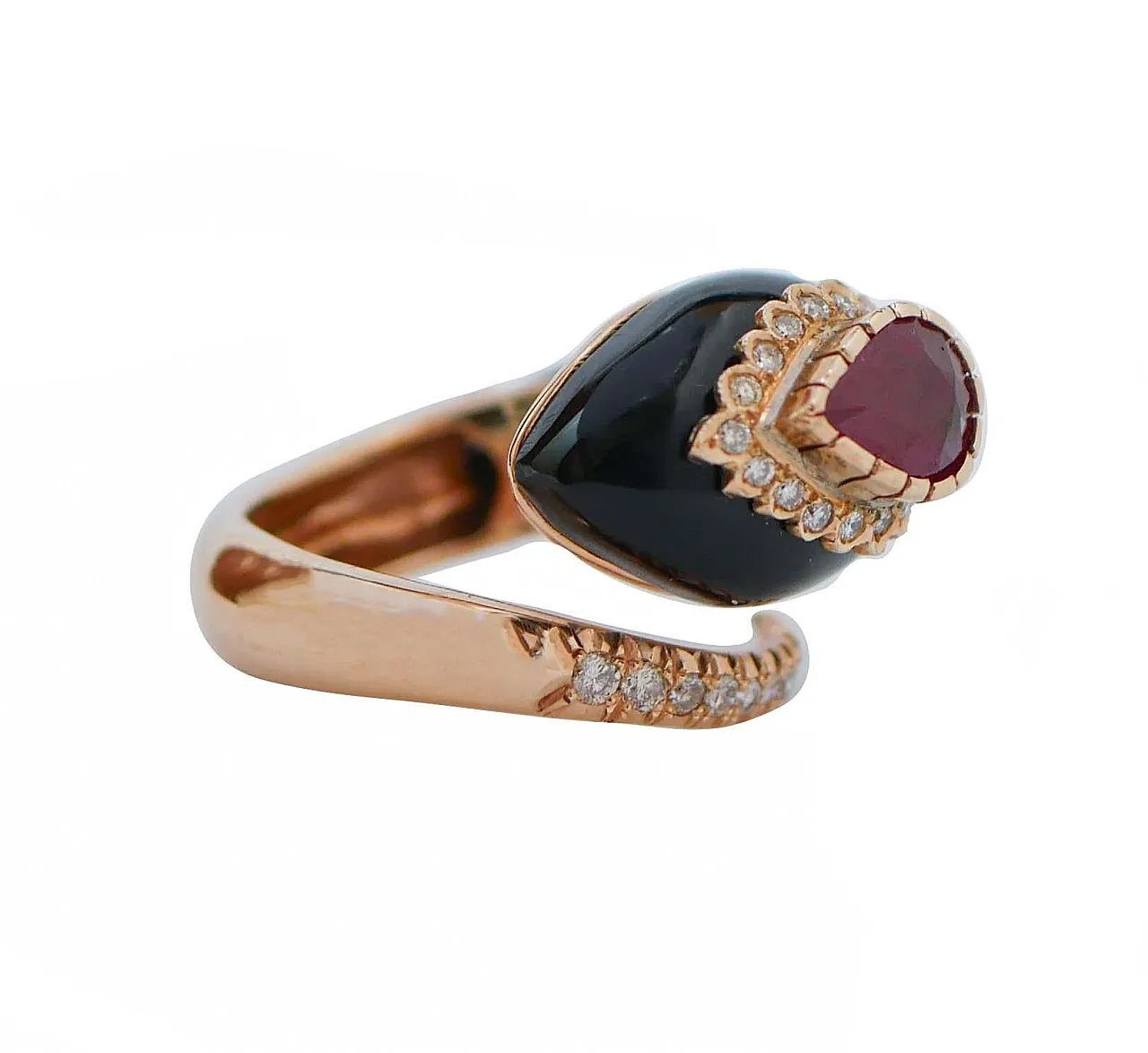 Rose gold snake ring with onyx, ruby, diamonds, 2000s 2