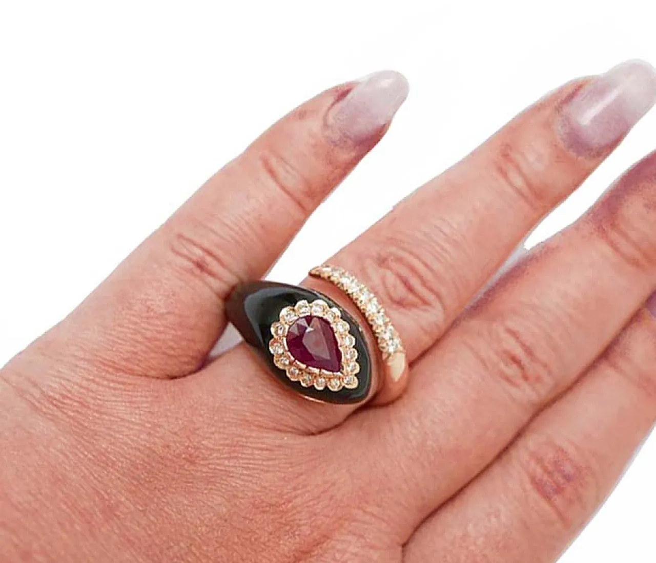 Rose gold snake ring with onyx, ruby, diamonds, 2000s 6