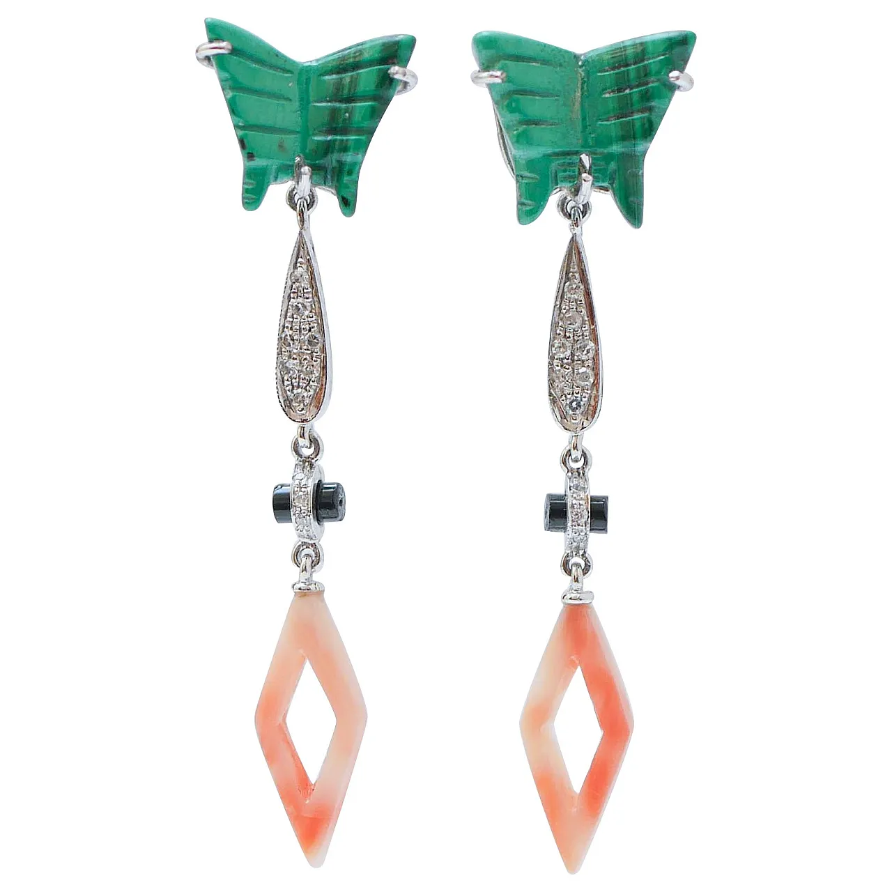 Earrings in coral, diamonds, malakite, onyx, platinum, 1970s 1