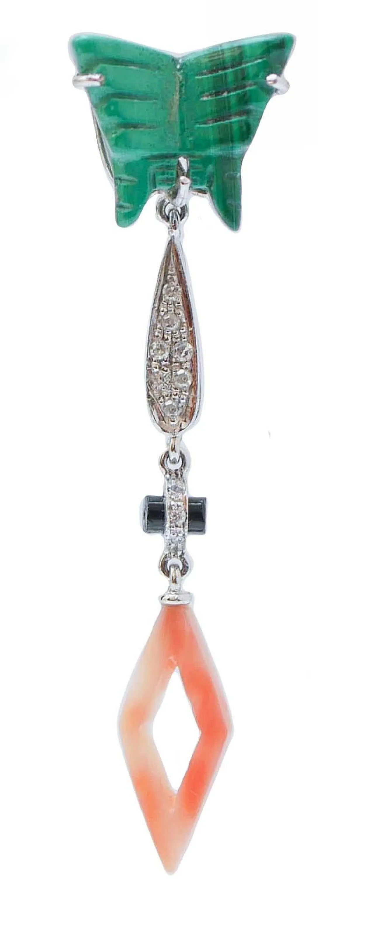 Earrings in coral, diamonds, malakite, onyx, platinum, 1970s 2