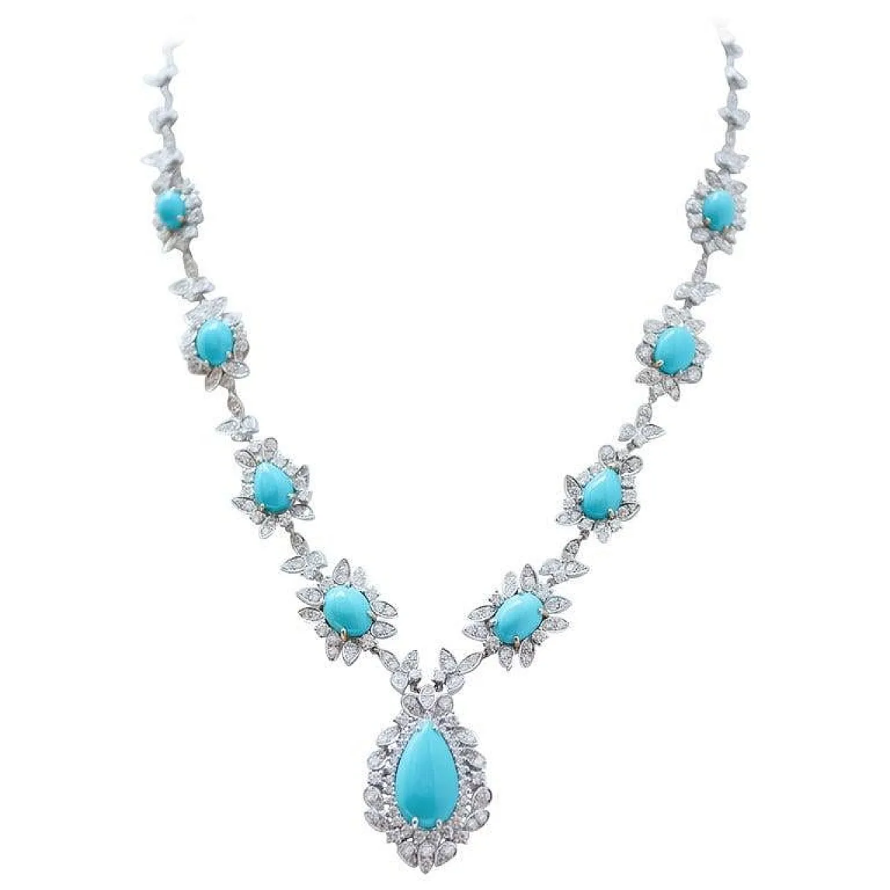 14K white gold necklace with turquoise and diamonds, 1970s 2
