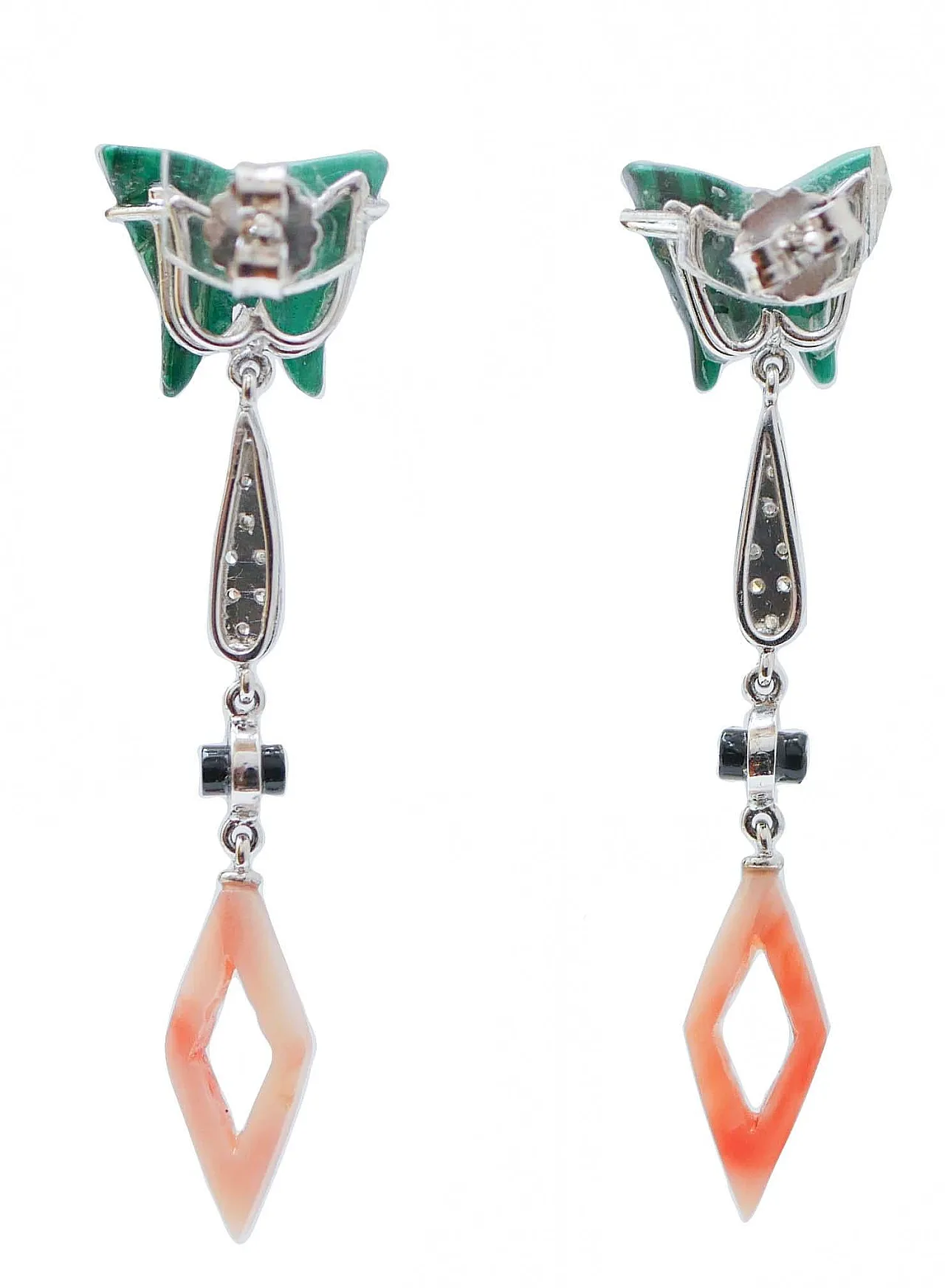 Earrings in coral, diamonds, malakite, onyx, platinum, 1970s 3