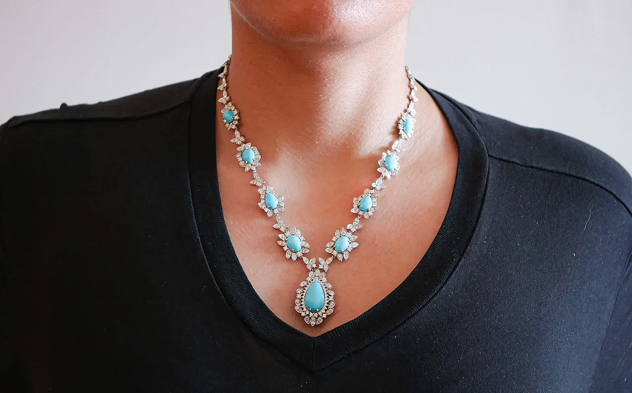 14K white gold necklace with turquoise and diamonds, 1970s 5