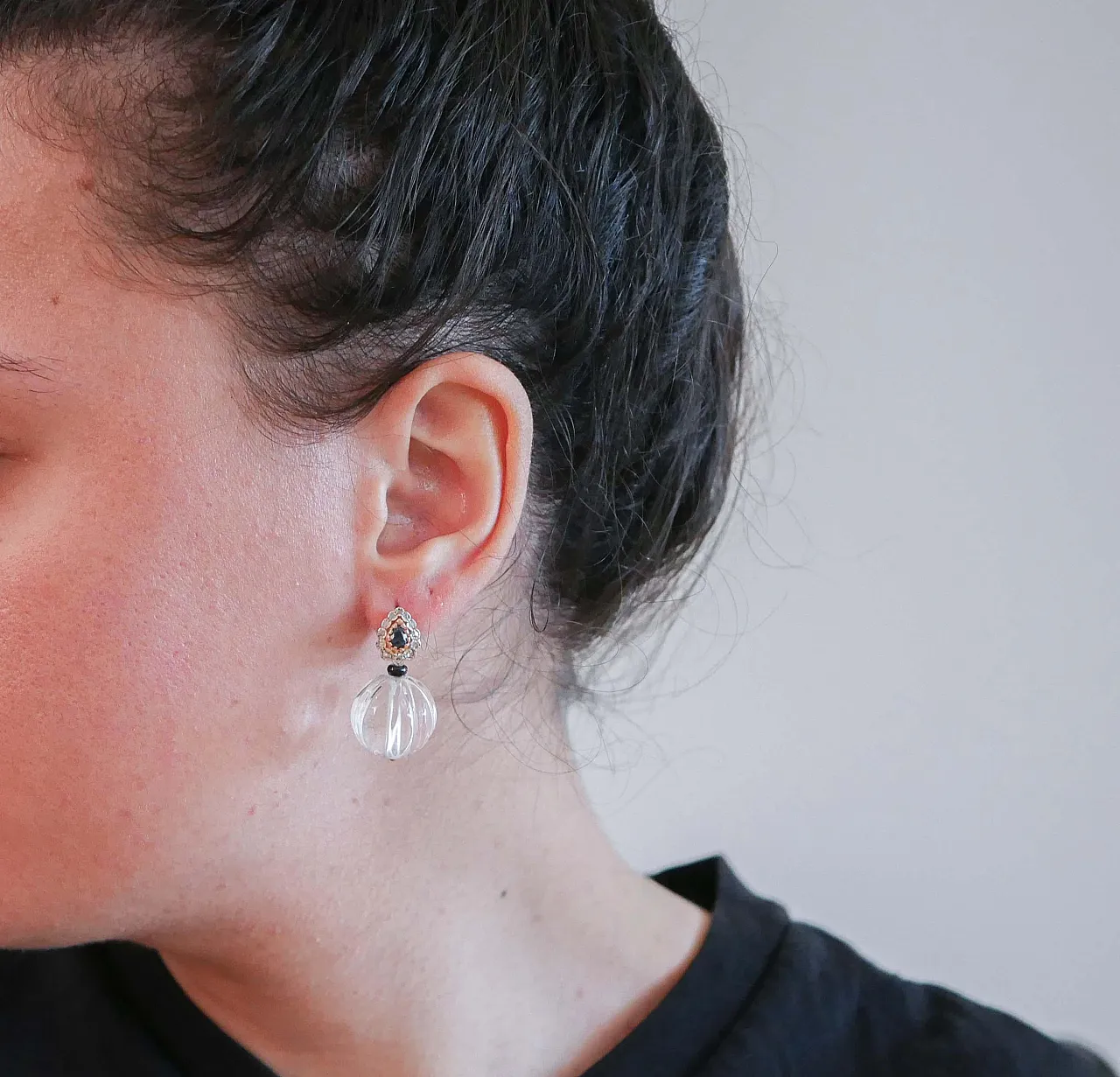 Crystal, onyx, diamond, sapphire, gold and silver earrings, 1960s 4