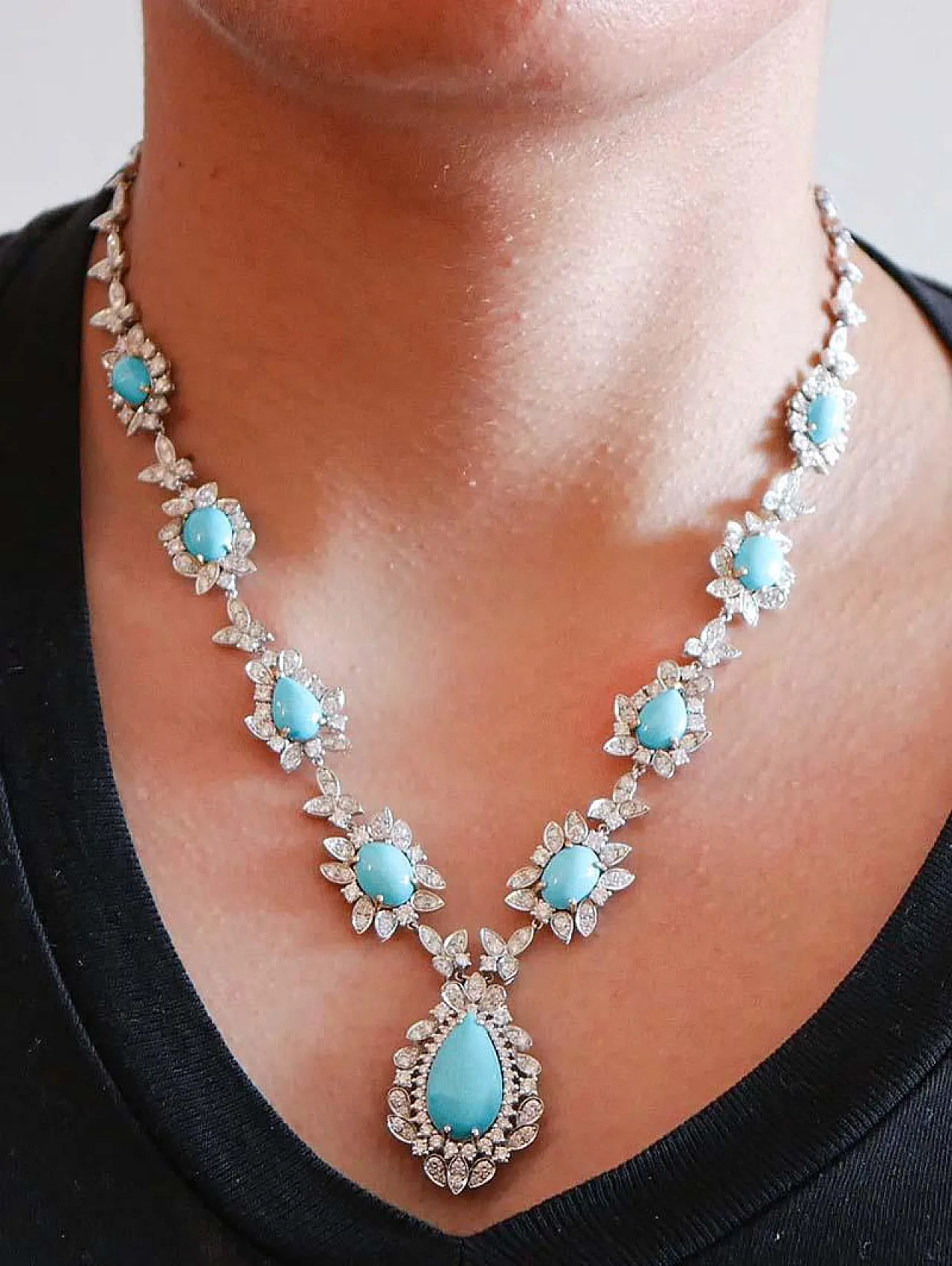 14K white gold necklace with turquoise and diamonds, 1970s 6