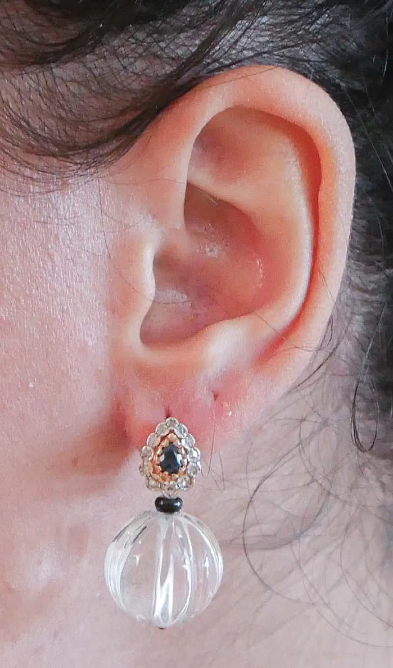 Crystal, onyx, diamond, sapphire, gold and silver earrings, 1960s 5