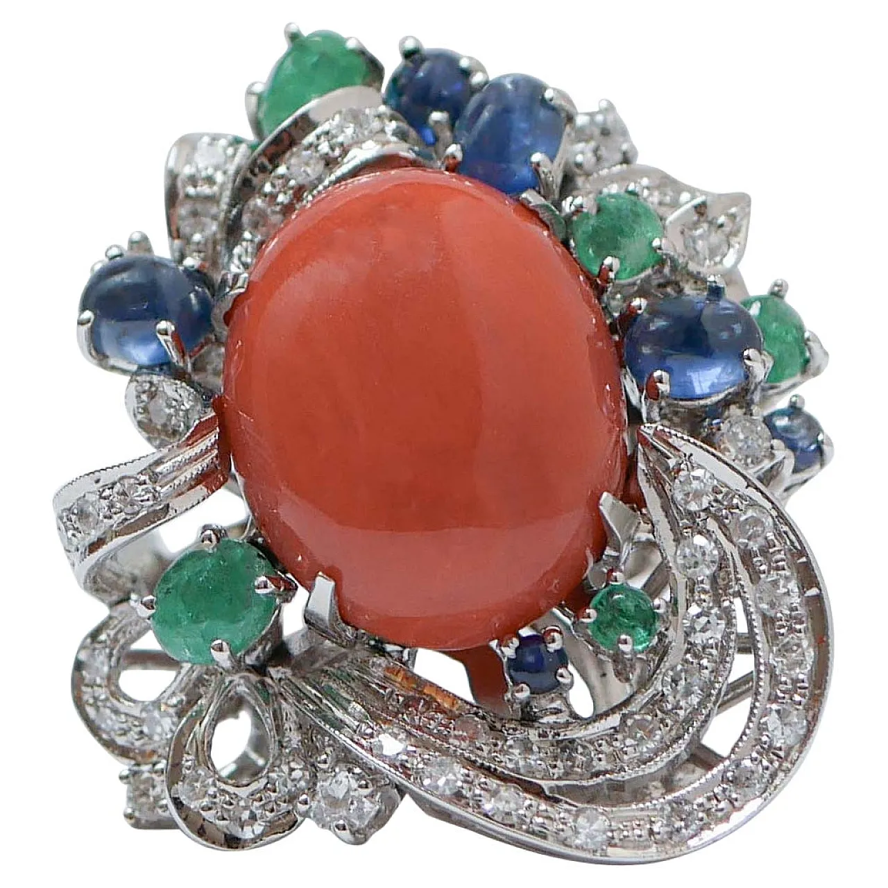 Gold ring with coral, emeralds, sapphires, diamonds, 1950s 1