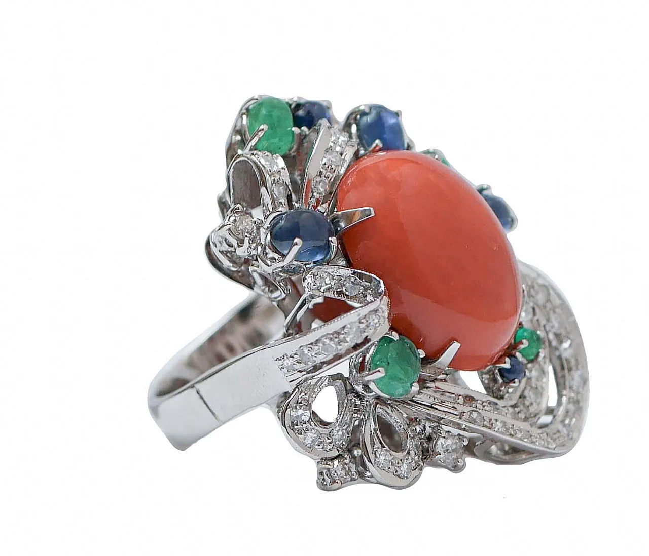 Gold ring with coral, emeralds, sapphires, diamonds, 1950s 2