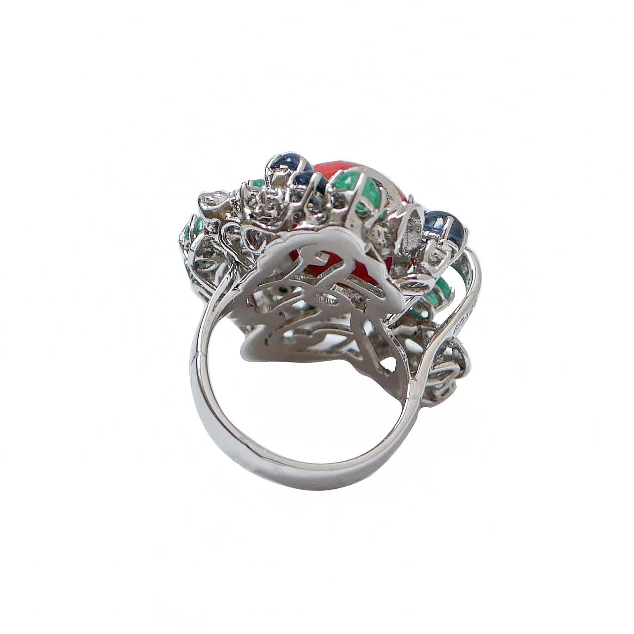 Gold ring with coral, emeralds, sapphires, diamonds, 1950s 3