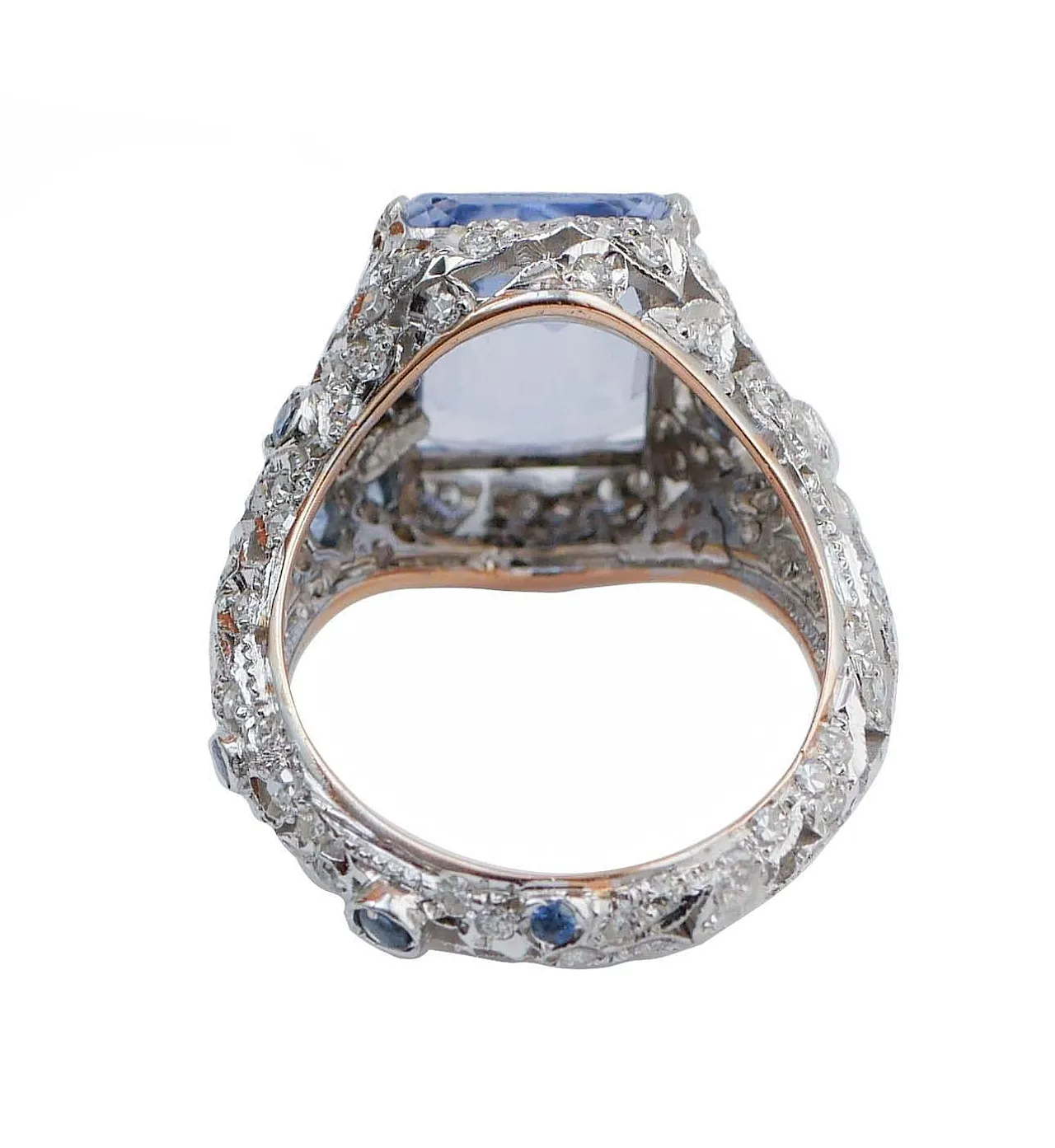 Anello oro, zaffiro idrotermale di Ceylon, diamanti, zaffiri, anni '70 3