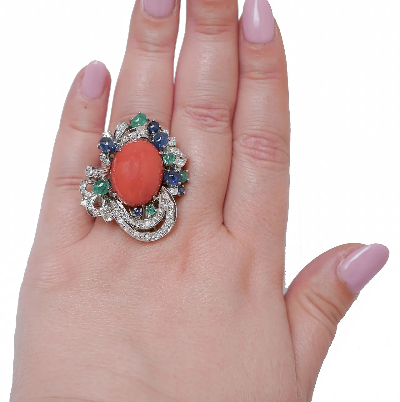 Gold ring with coral, emeralds, sapphires, diamonds, 1950s 4