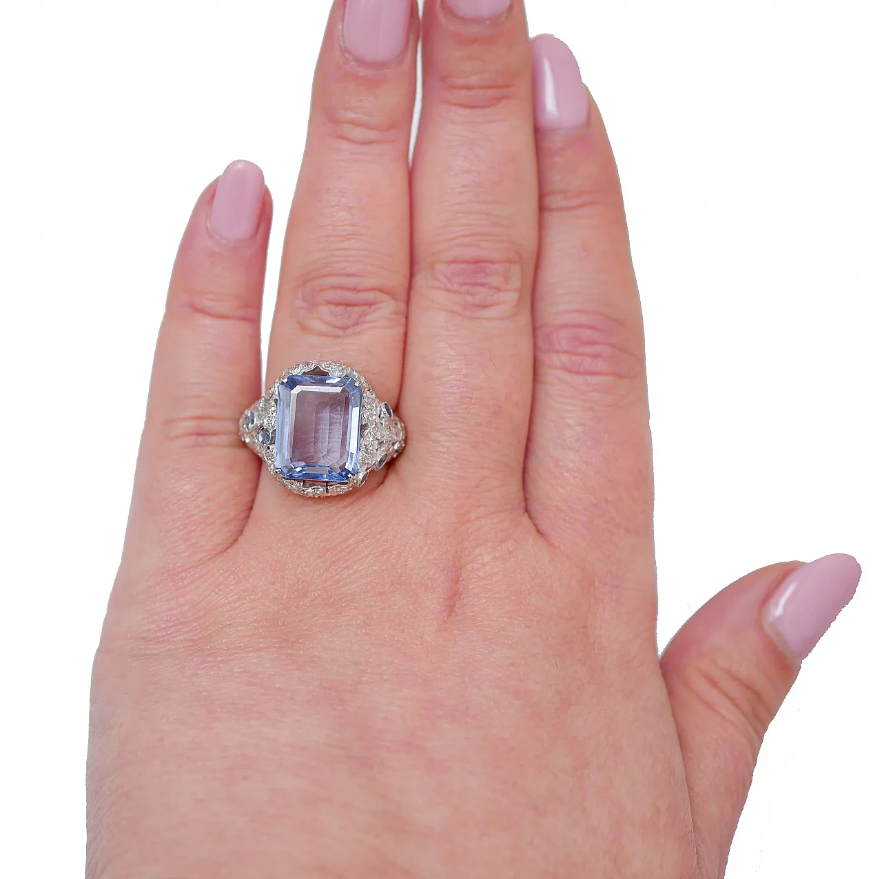 Anello oro, zaffiro idrotermale di Ceylon, diamanti, zaffiri, anni '70 4