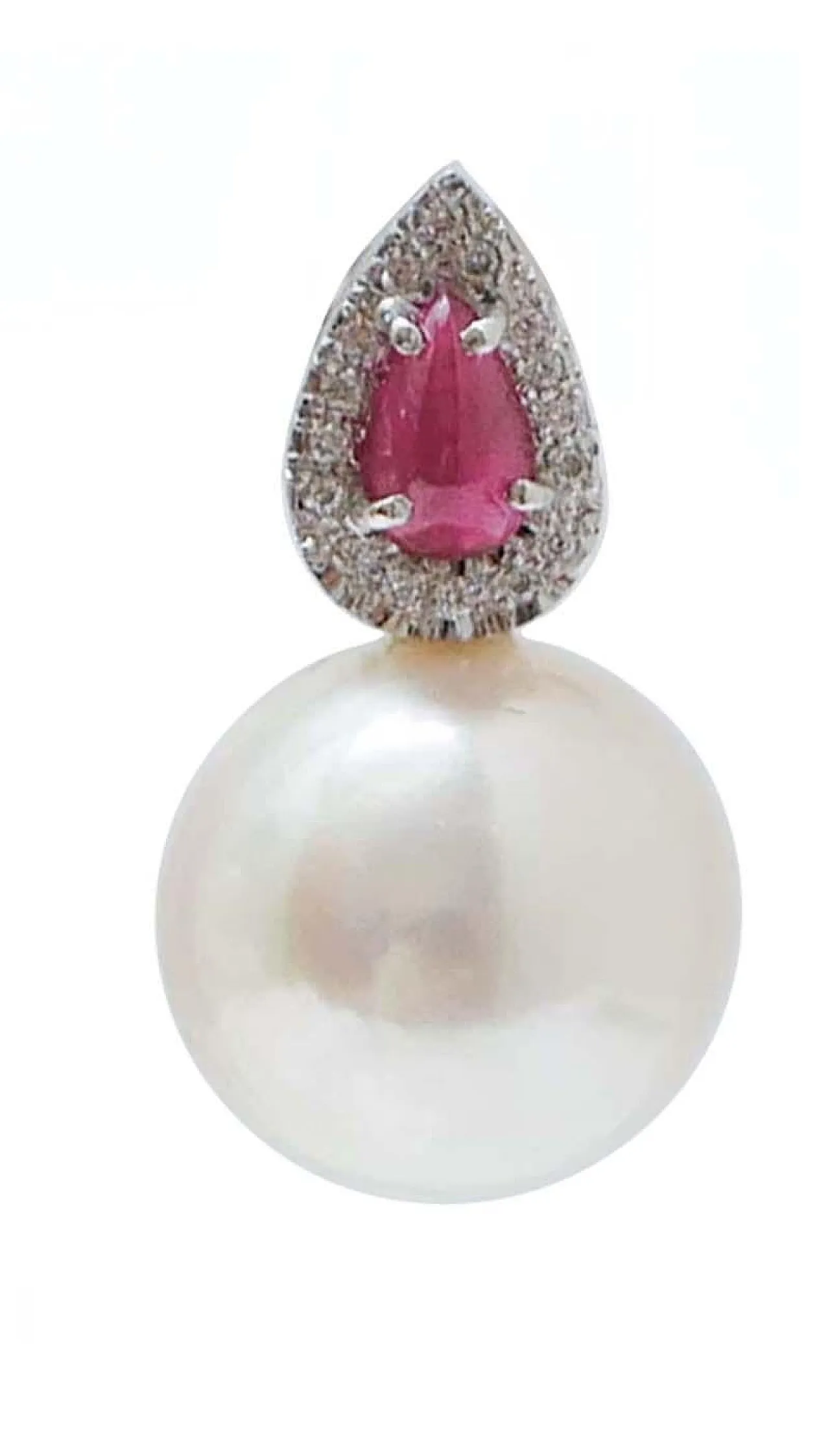 Orecchini con perle bianche, diamanti, rubini, platino, anni '70 2