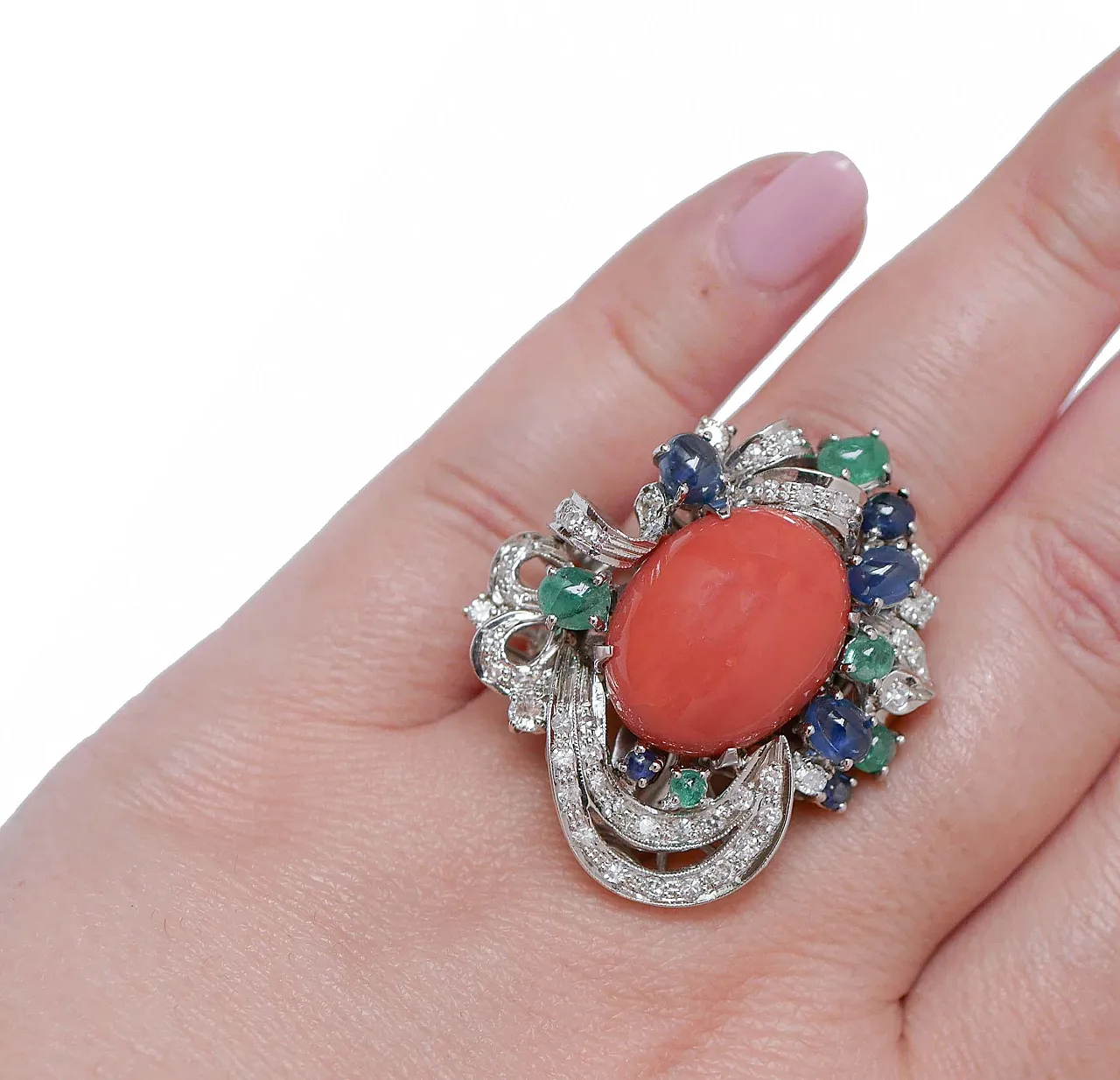 Gold ring with coral, emeralds, sapphires, diamonds, 1950s 5