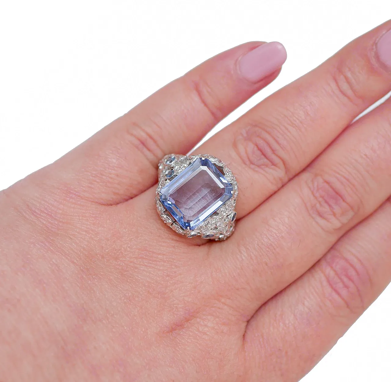 Anello oro, zaffiro idrotermale di Ceylon, diamanti, zaffiri, anni '70 5