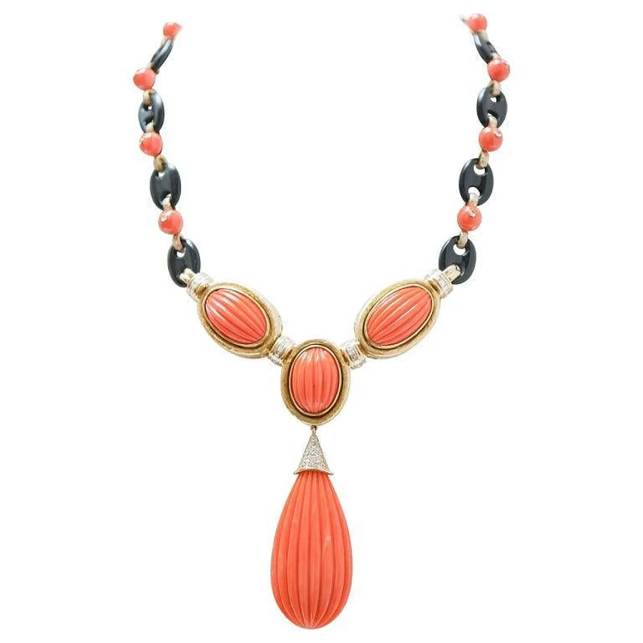 Yellow gold necklace with coral, onyx, diamonds, 1950s 2