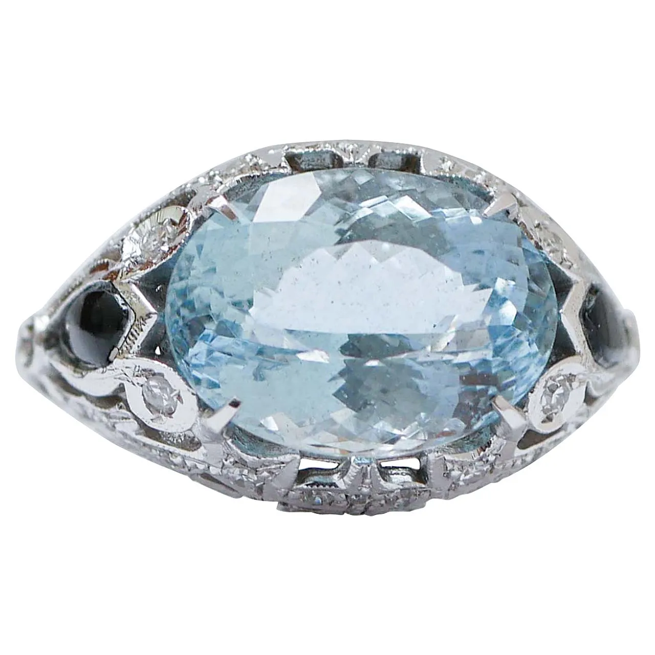 Anello in oro con acquamarina, topazio, diamanti, onice, anni '70 1