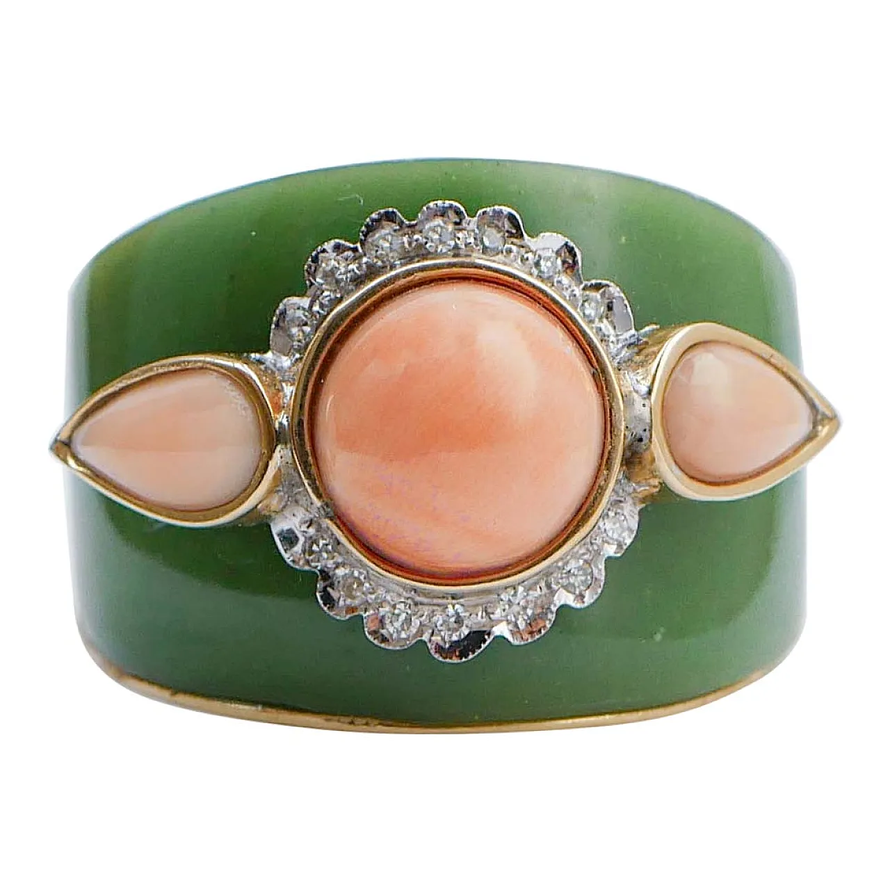 Ring with green enamel, coral, diamonds and pink gold, 1970s 1