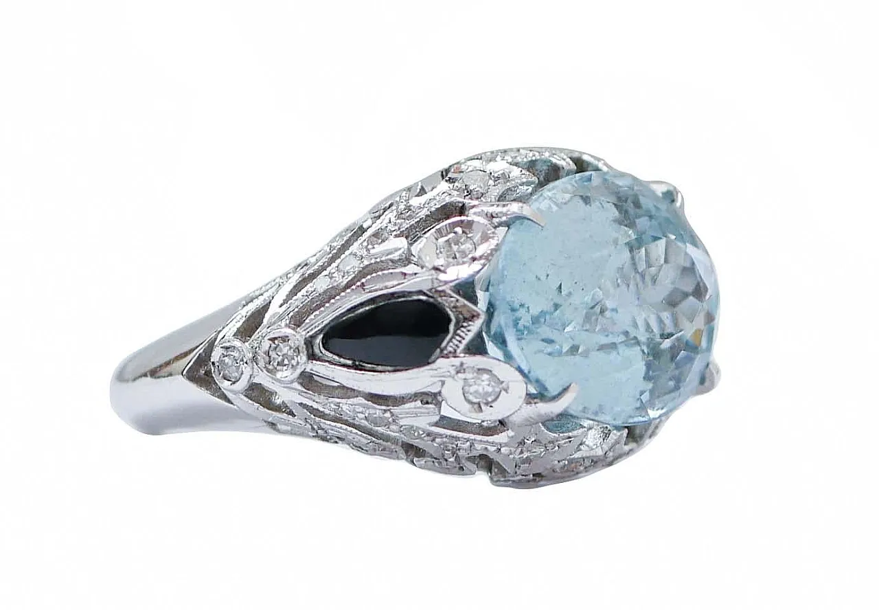 Anello in oro con acquamarina, topazio, diamanti, onice, anni '70 2