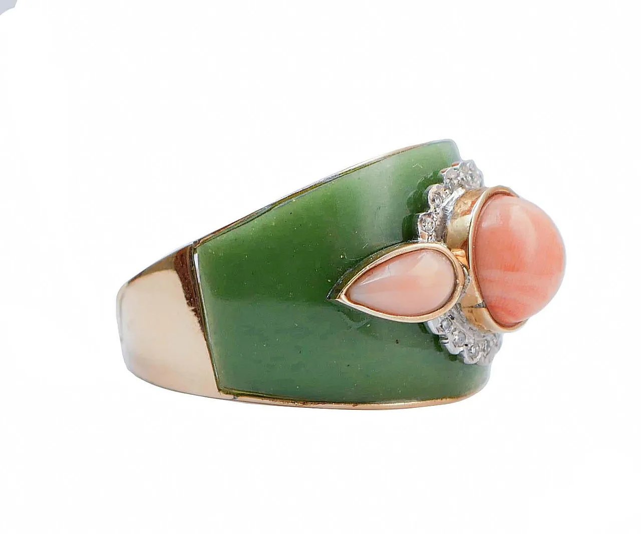 Ring with green enamel, coral, diamonds and pink gold, 1970s 2