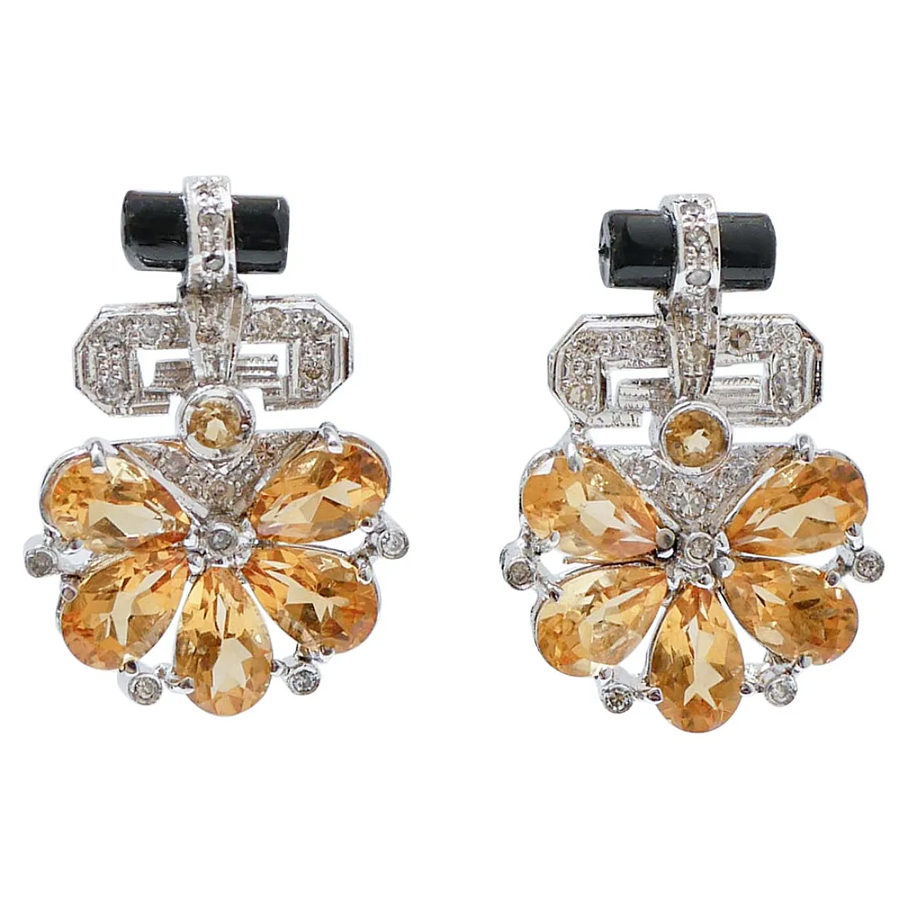 Earrings in topaz, onyx, diamonds, platinum and white gold, 1970s 1