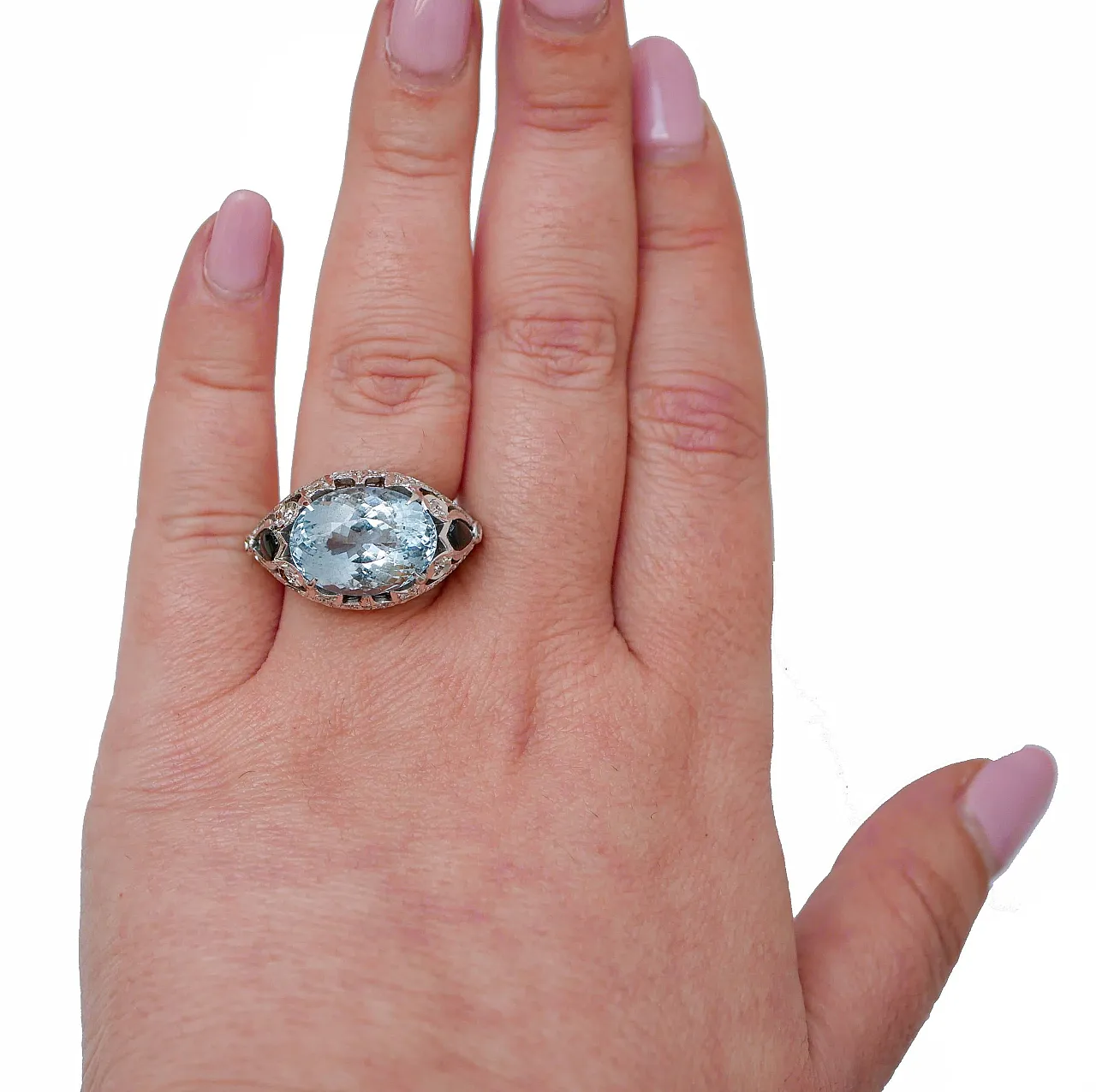 Anello in oro con acquamarina, topazio, diamanti, onice, anni '70 4