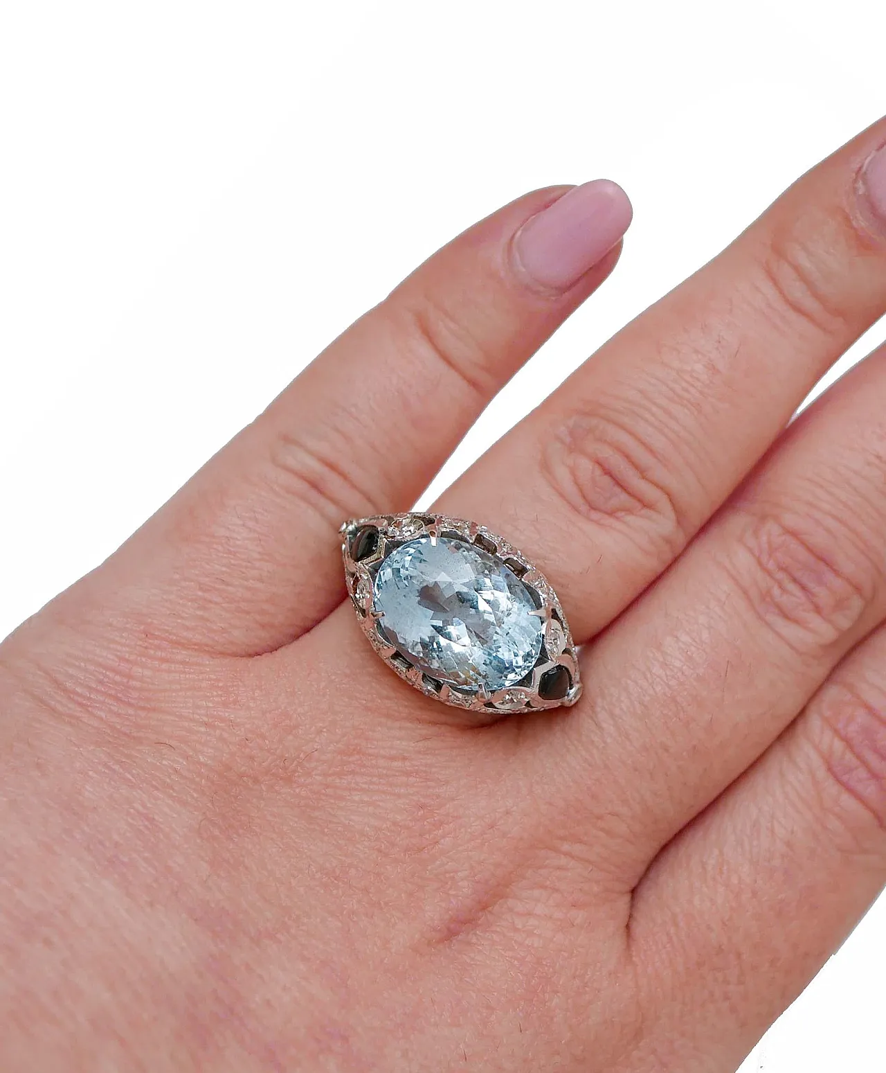 Anello in oro con acquamarina, topazio, diamanti, onice, anni '70 5