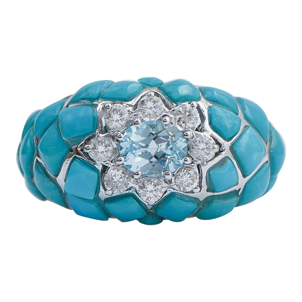 Gold ring with aquamarine, topaz, diamonds, turquoise, 1970s 1