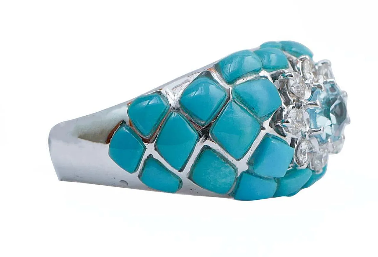 Gold ring with aquamarine, topaz, diamonds, turquoise, 1970s 2