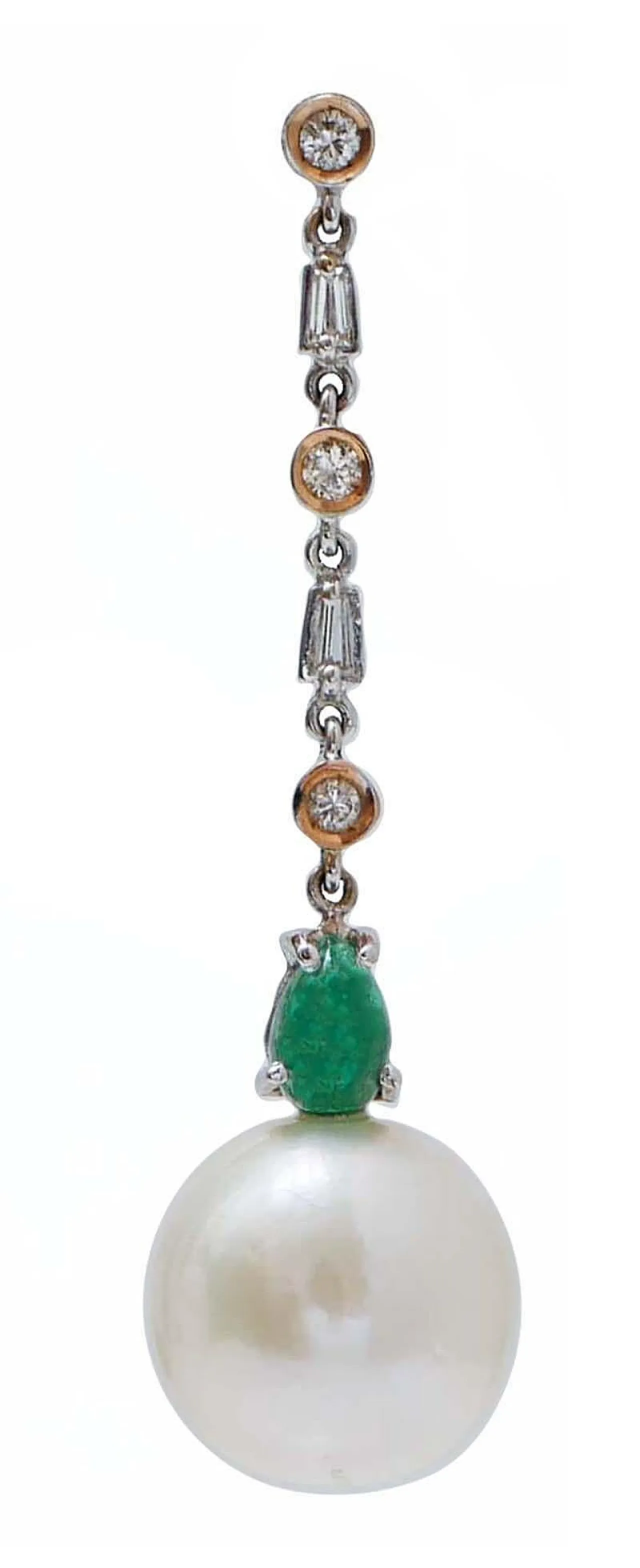 Orecchini oro bianco e oro rosa, perle, smeraldi, diamanti, anni '80 2