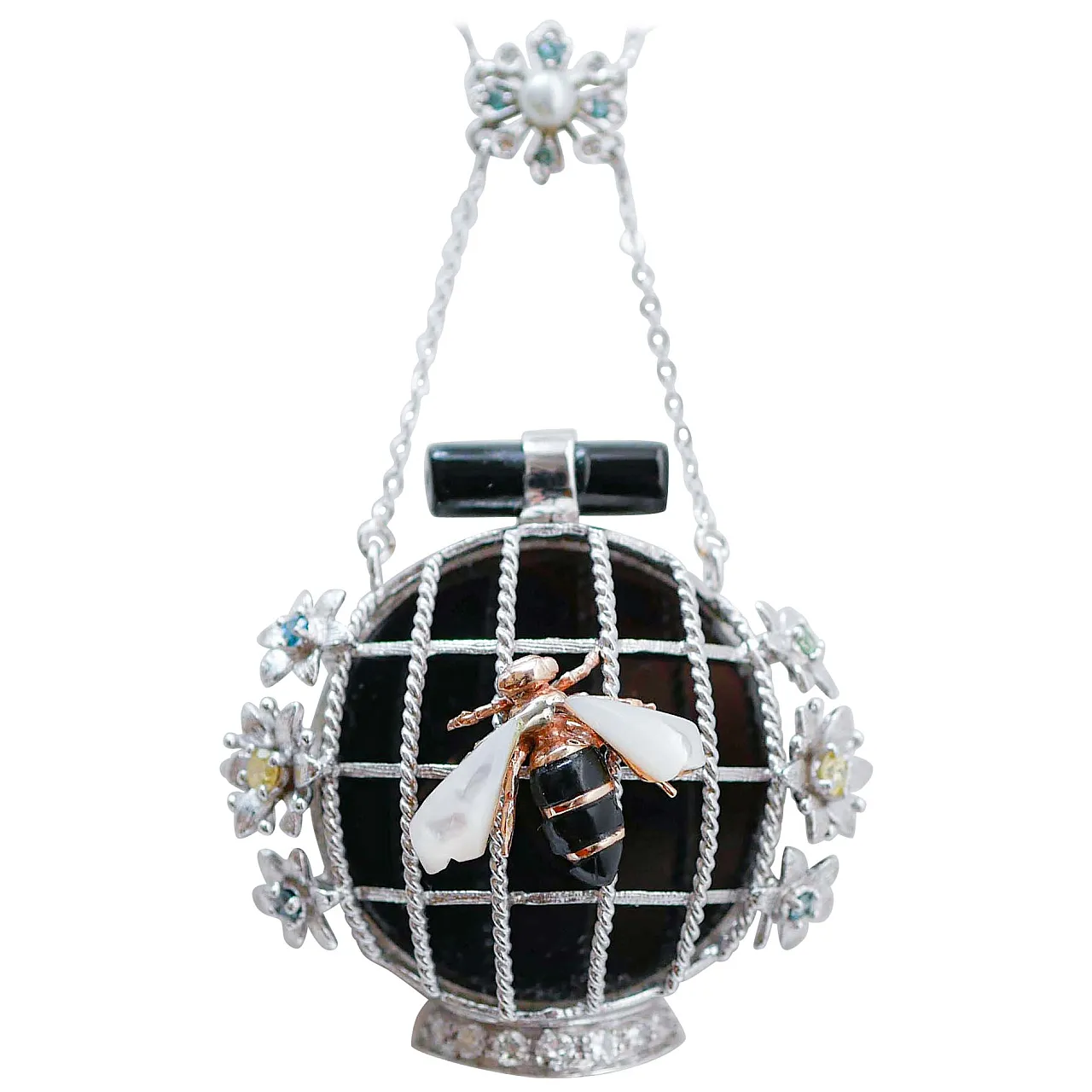 Collana con ciondolo in oro, diamanti, onice, pietre, anni '70 1