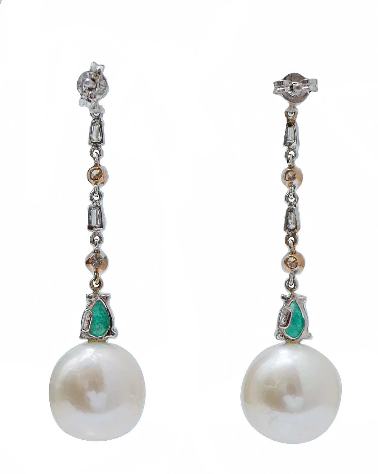 Orecchini oro bianco e oro rosa, perle, smeraldi, diamanti, anni '80 3