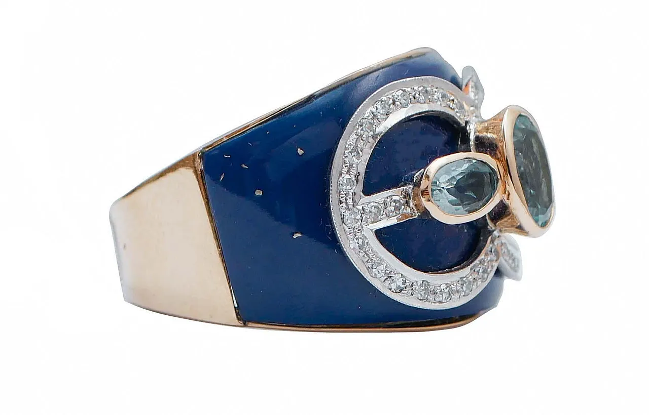 Anello in oro rosa con acquamarina, lapis e diamanti, anni '70 2