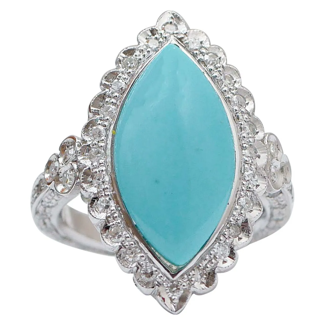Turquoise, diamonds, platinum retrò ring, 1970s 1
