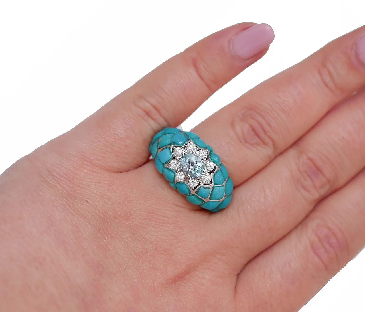 Gold ring with aquamarine, topaz, diamonds, turquoise, 1970s 5