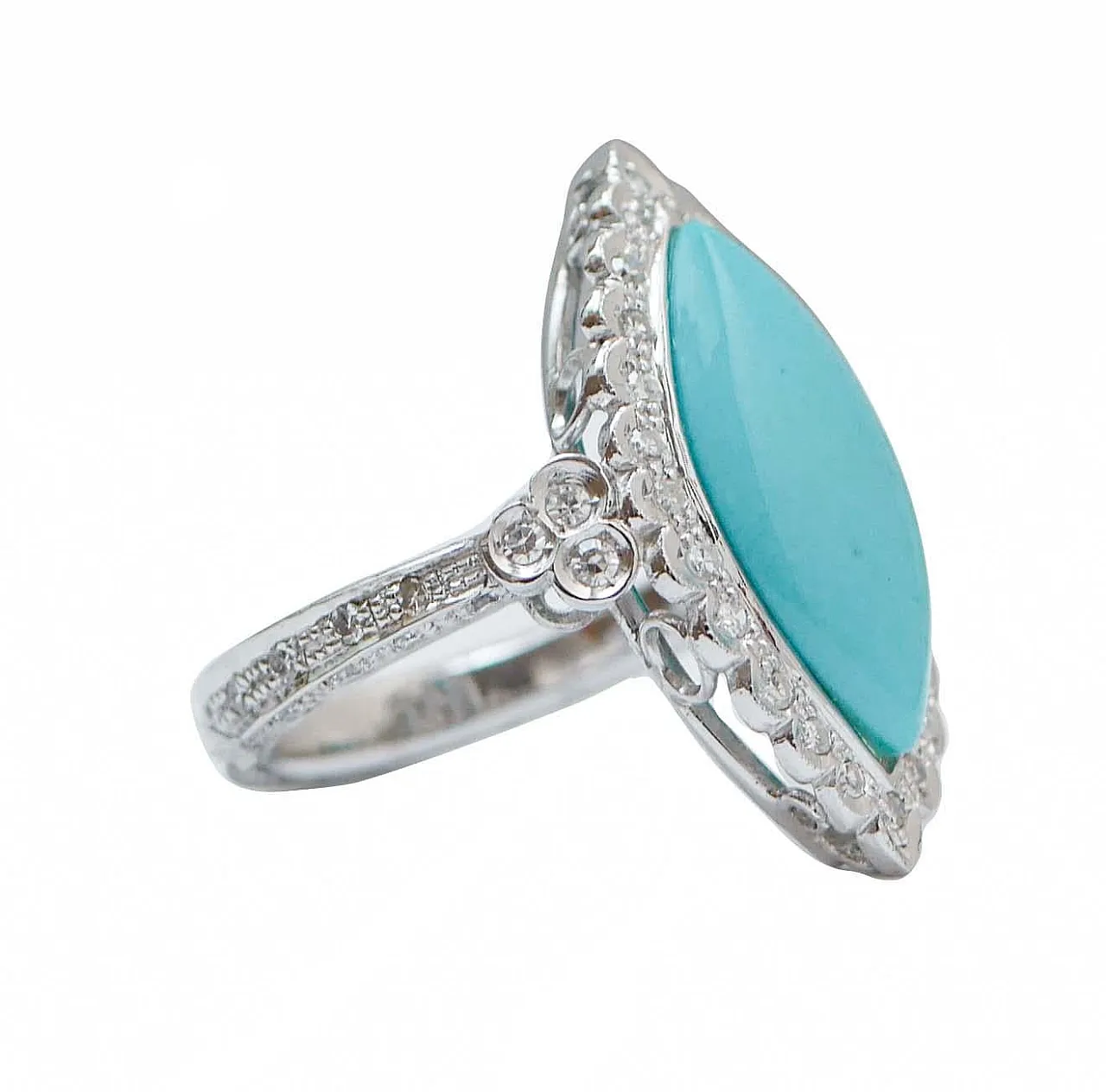 Turquoise, diamonds, platinum retrò ring, 1970s 2