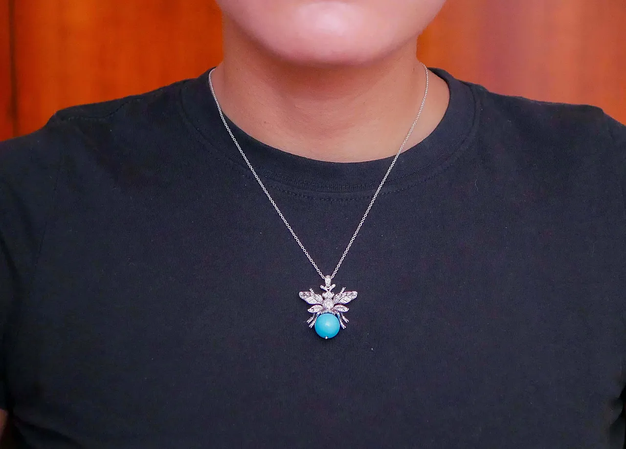 Magnesite, diamanti, zaffiri, ciondolo Fly in oro bianco, anni '70 5