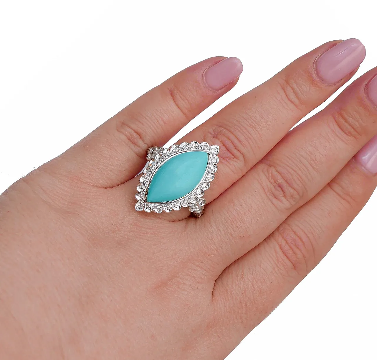 Turquoise, diamonds, platinum retrò ring, 1970s 5