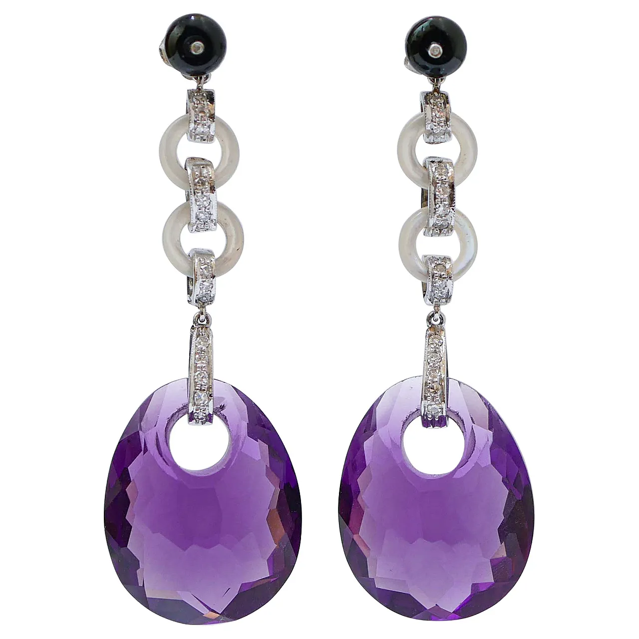 Orecchini di platino con ametiste, pietre, diamanti, onice, anni '70 1