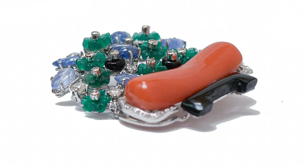 Brooch agate, platinum, gold, coral, diamonds, sapphires, onyx, 1960s 2