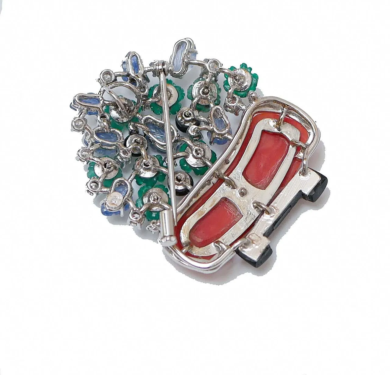 Brooch agate, platinum, gold, coral, diamonds, sapphires, onyx, 1960s 3