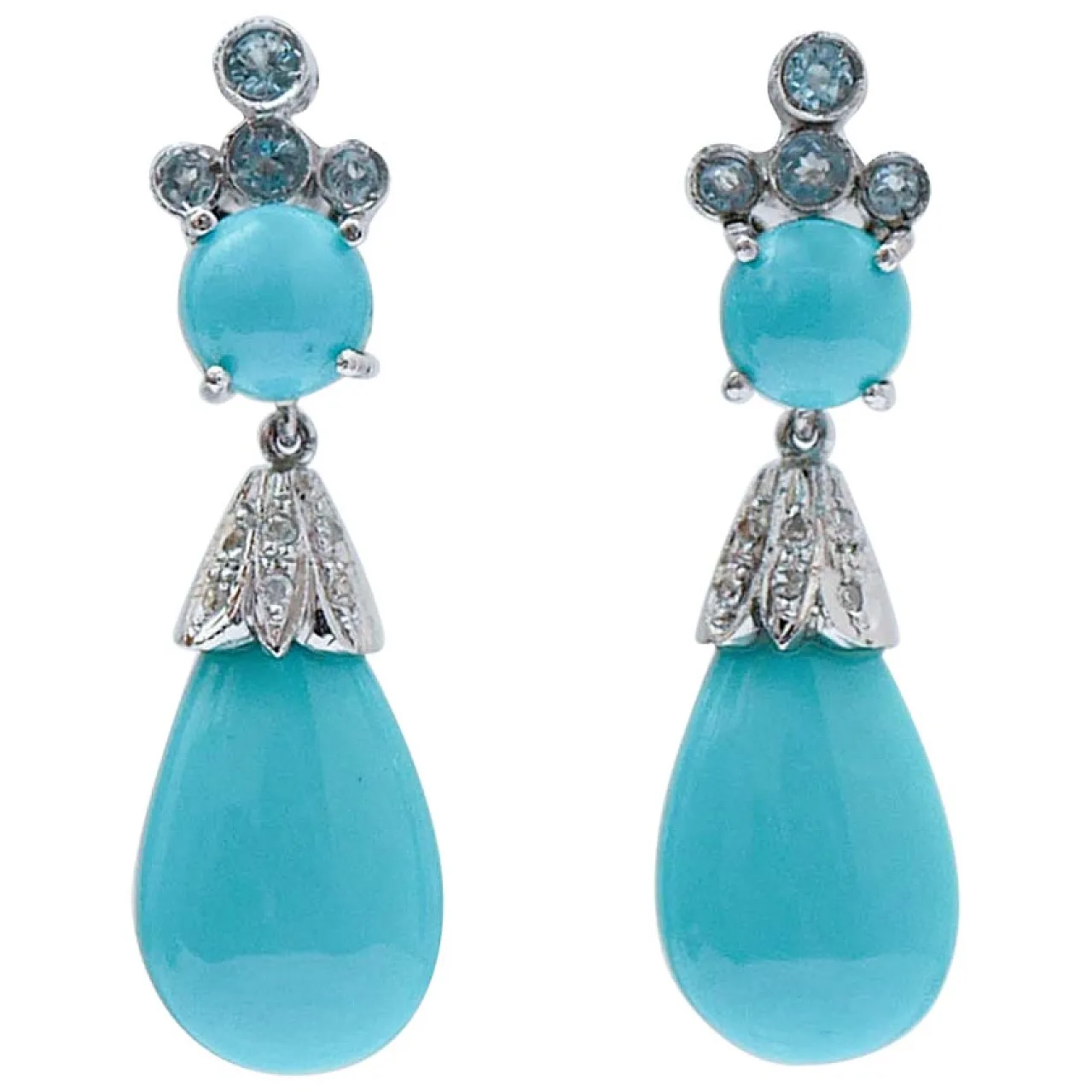 Orecchini in turchese, acquamarina, diamanti, platino, anni '70 1