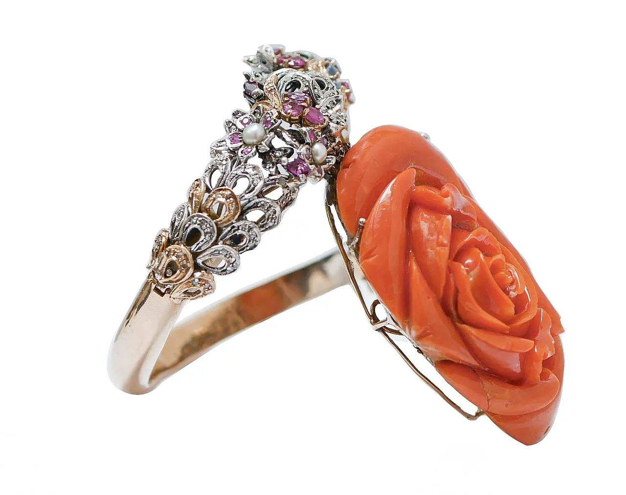 Bracciale in corallo, rubini, smeraldi, zaffiri, diamanti, anni '50 2