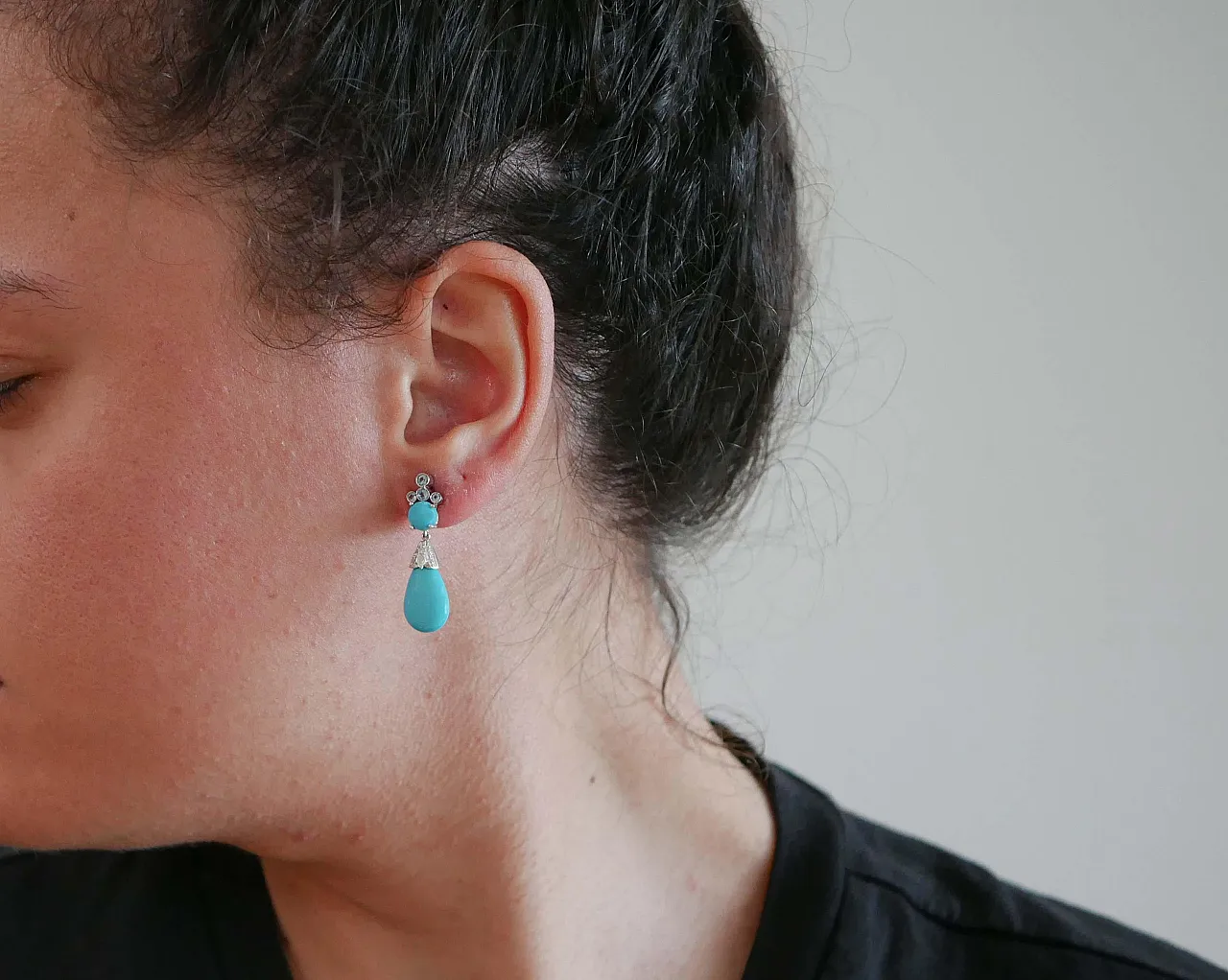 Orecchini in turchese, acquamarina, diamanti, platino, anni '70 4