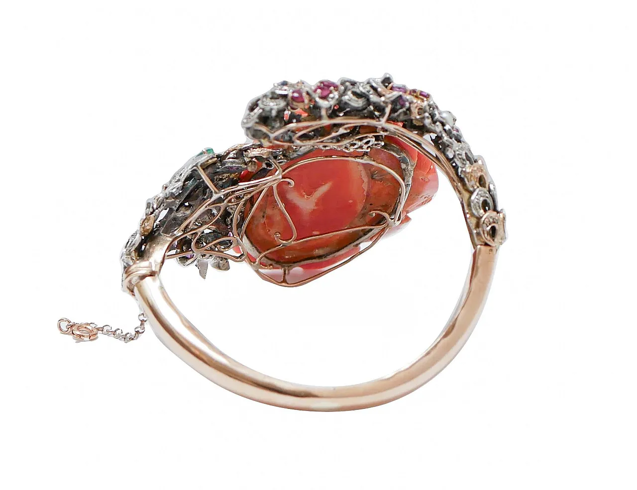 Bracciale in corallo, rubini, smeraldi, zaffiri, diamanti, anni '50 3