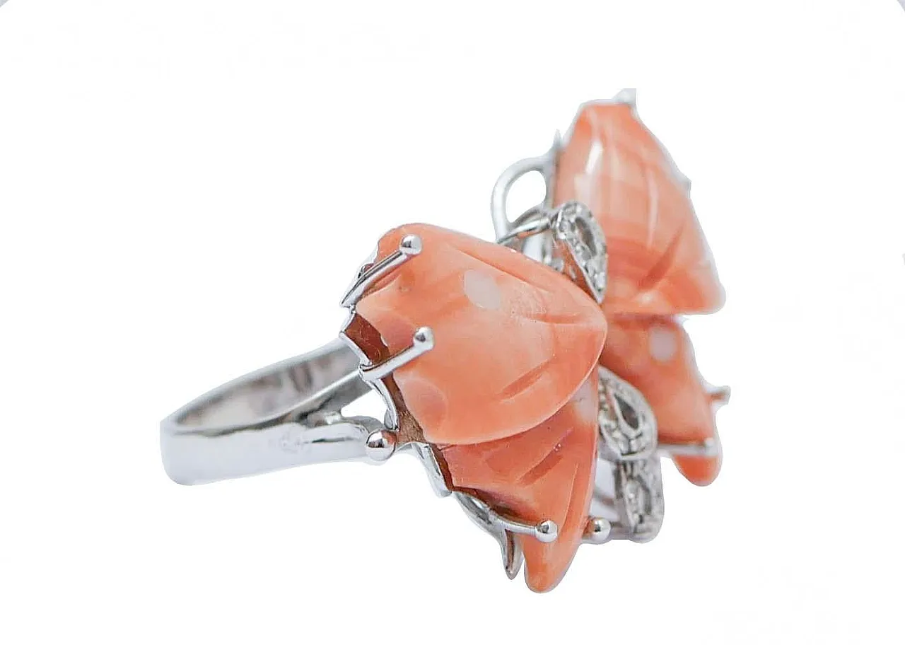 Coral, diamonds, 14 karat white gold butterfly ring, 1950s 2