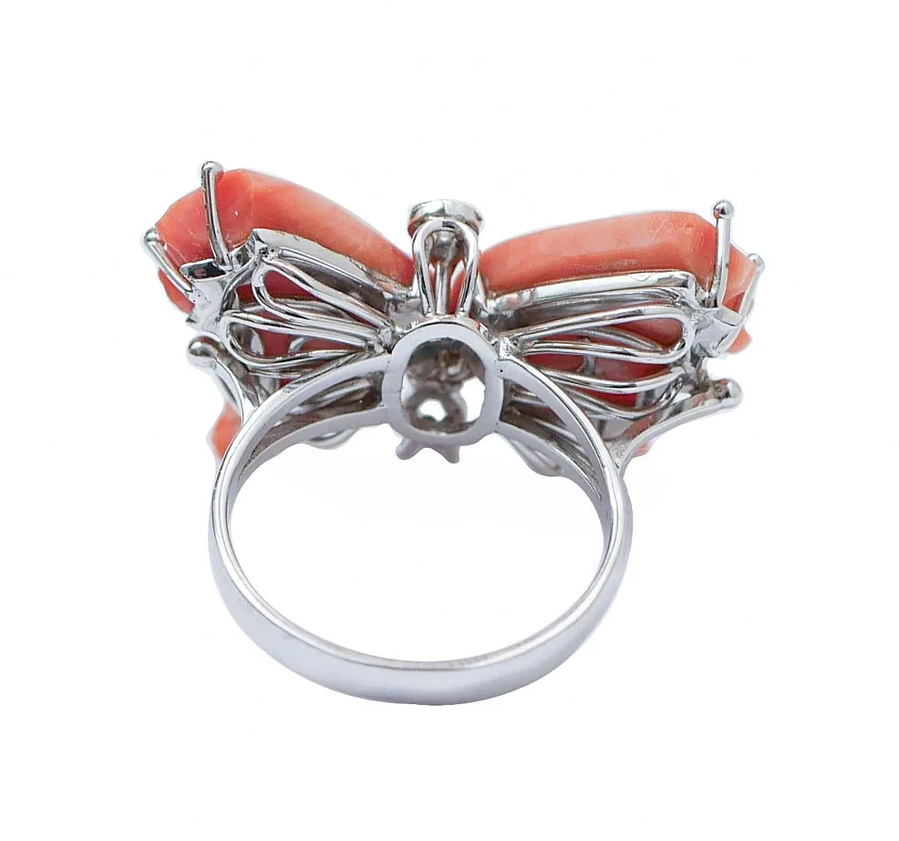 Coral, diamonds, 14 karat white gold butterfly ring, 1950s 3
