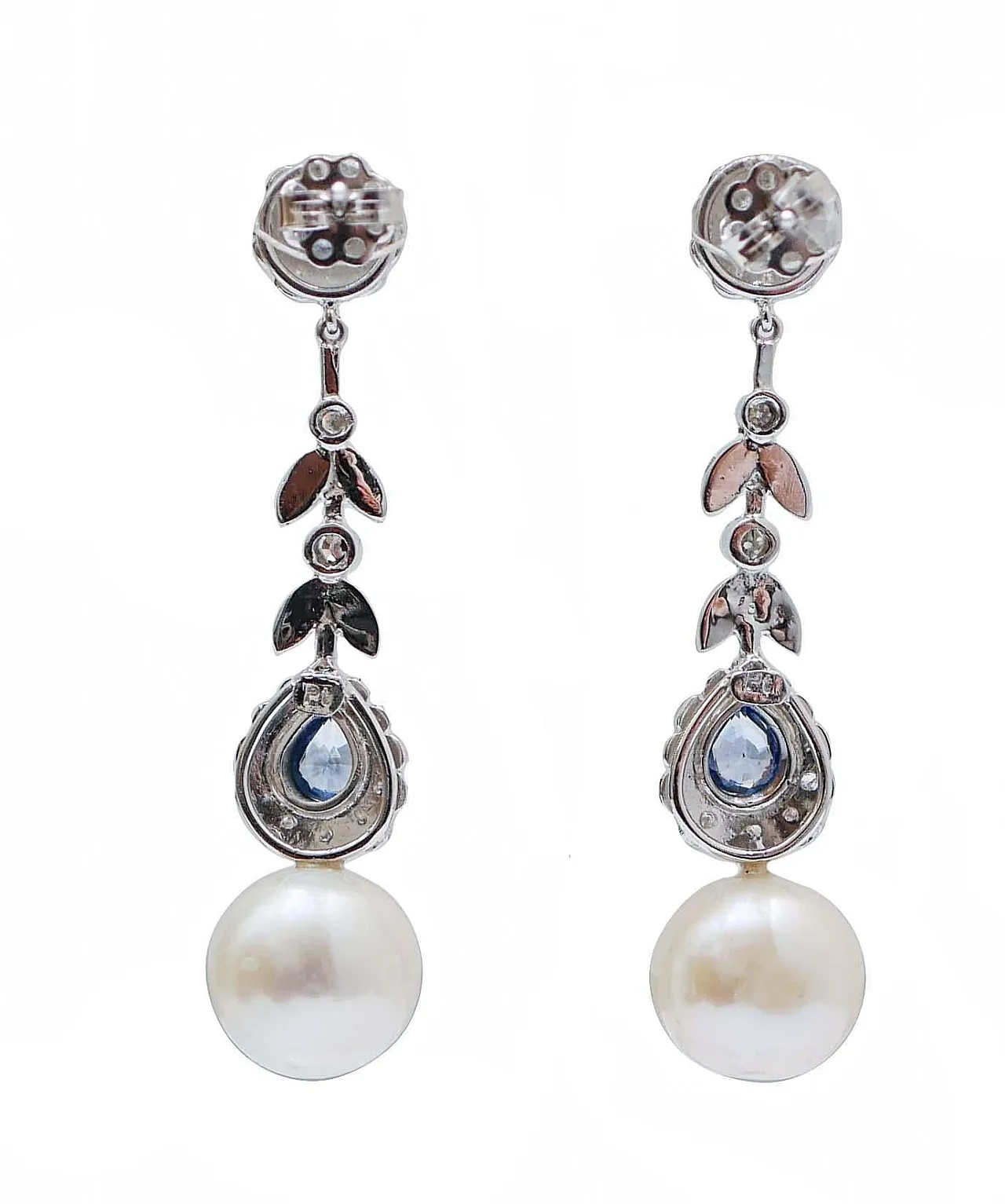 Platinum earrings with white pearls, sapphires, diamonds, 1970s 3